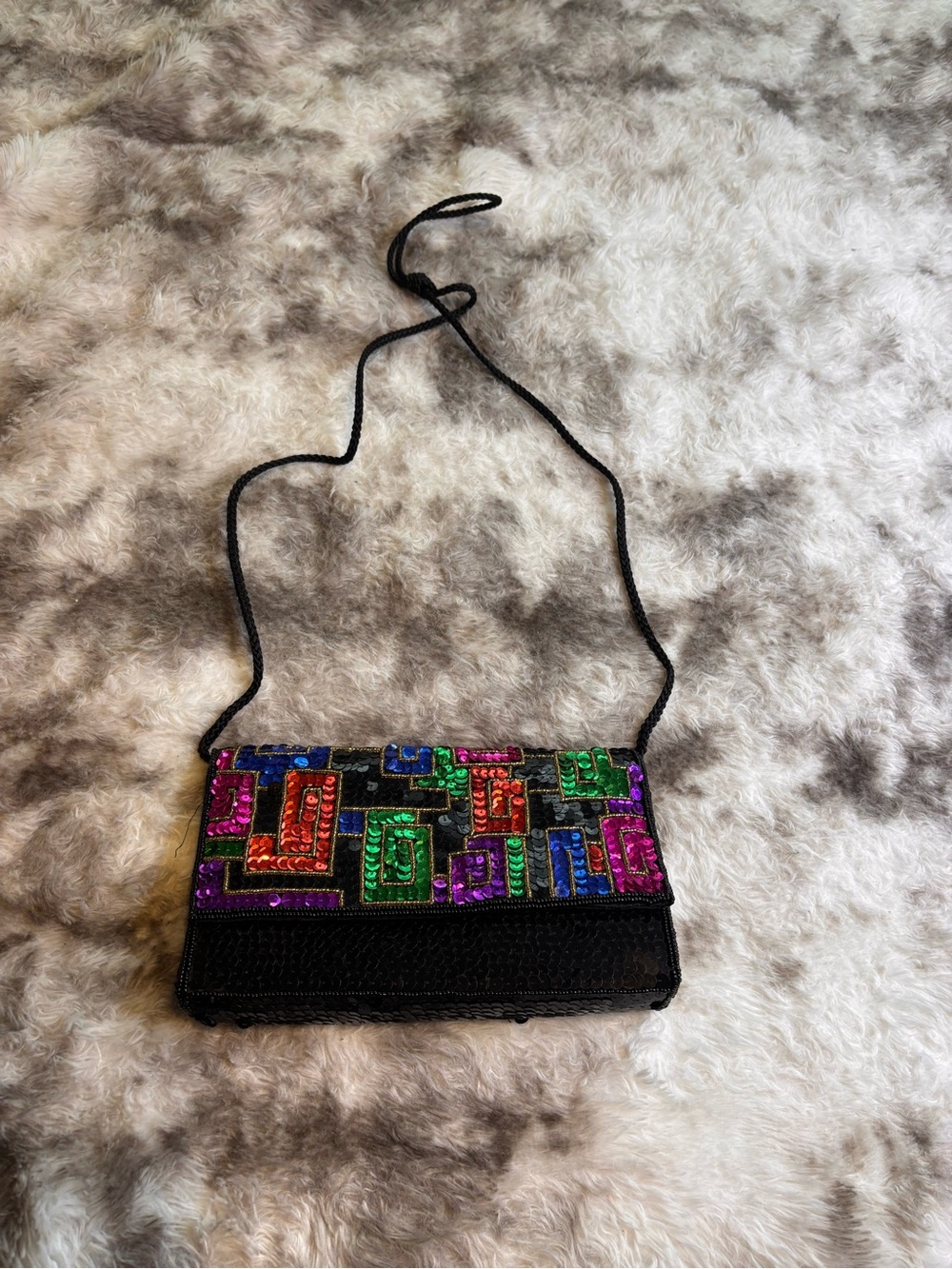 Black Beaded Crossbody Clutch with Multicolor Geometric Beadwork